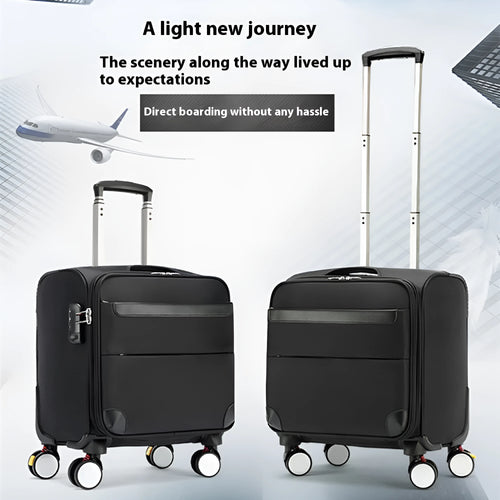 Black 18-inch oxford cloth business luggage suitcase with a retractable handle and wheels.