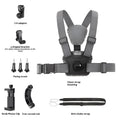 Chest mount for dual-camera action camera setup with adjustable strap, phone clip, and anti-shake rope
