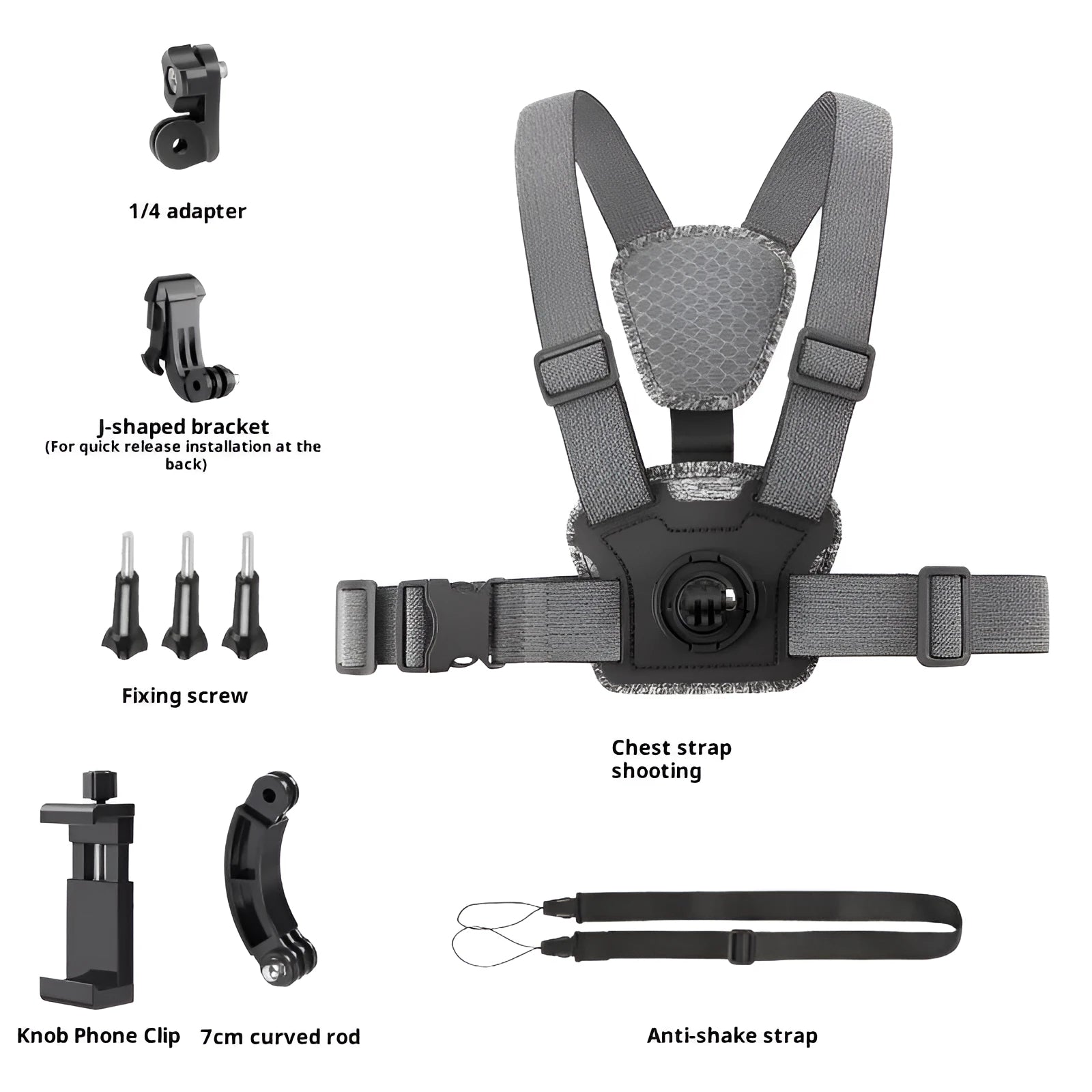 Chest mount for dual-camera action camera setup with adjustable strap, phone clip, and anti-shake rope