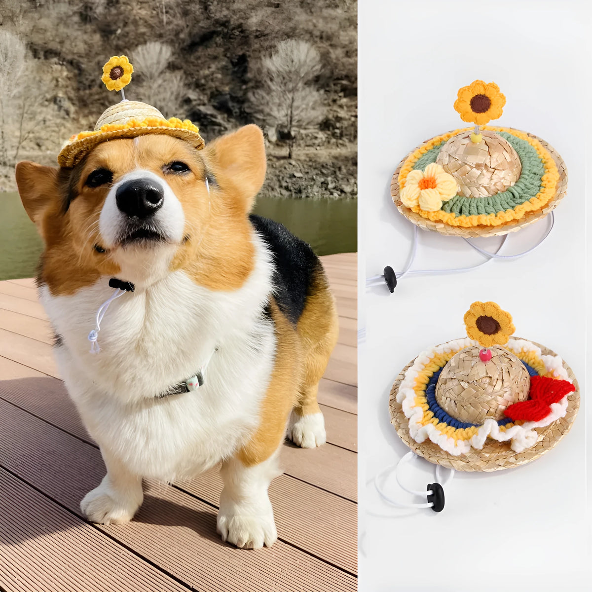 Decorative pet hat in mixed cloth and grass, available in S 13cm and M 15cm sizes for cats and small dogs