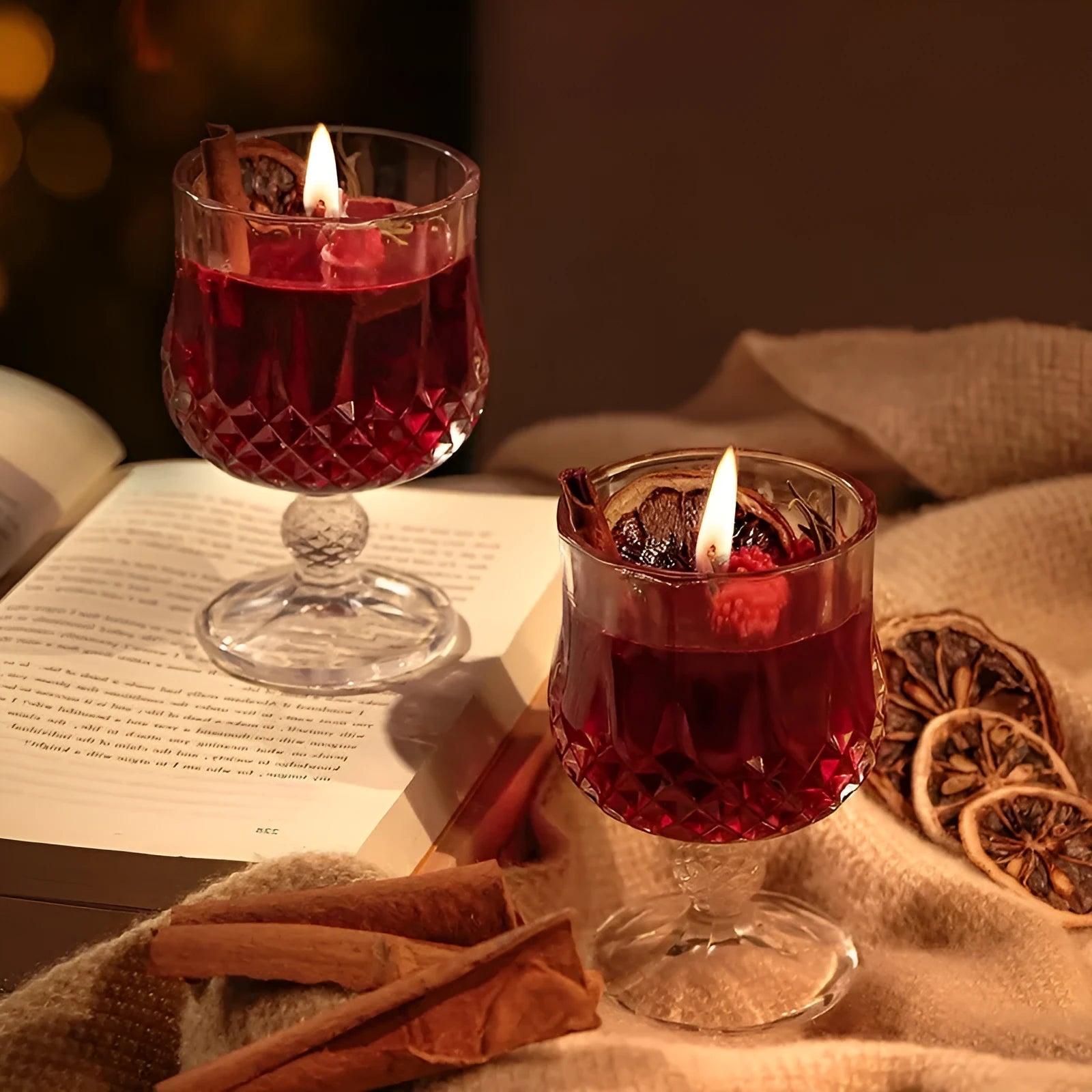 Scented candle in a glass wine goblet with translucent jelly crystal wax and French mulled wine label.
