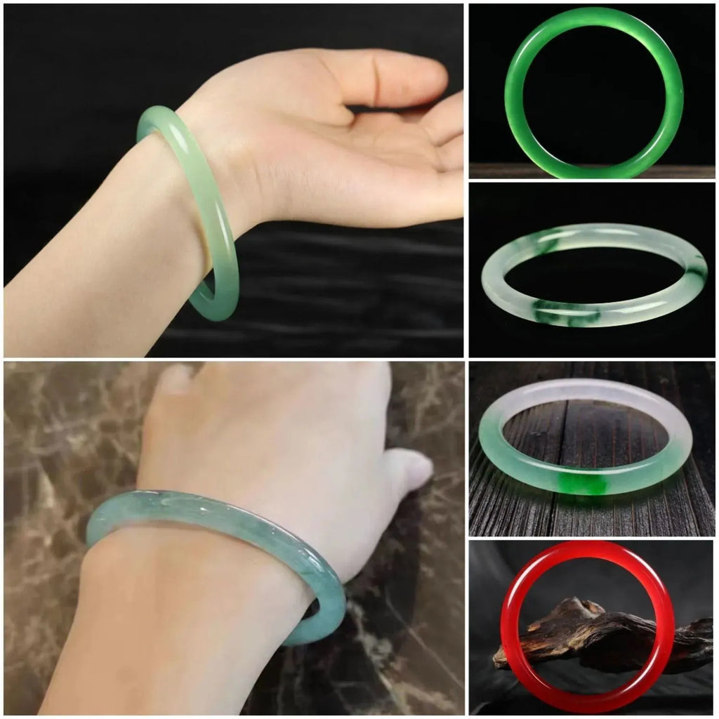 Jade bracelet with floating flower design and auspicious cloud patterns in ice-like emerald appearance