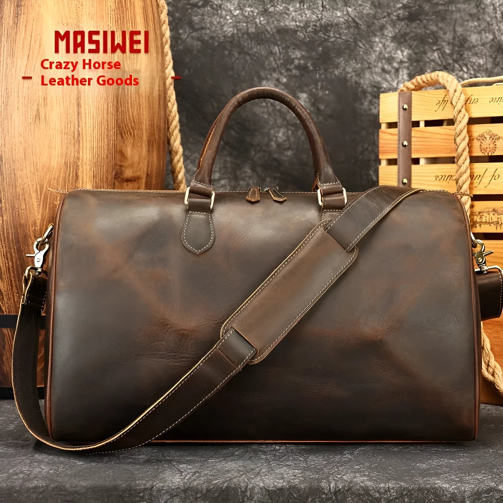 Men's vintage leather crossbody bag showing large capacity and first-layer cowhide material