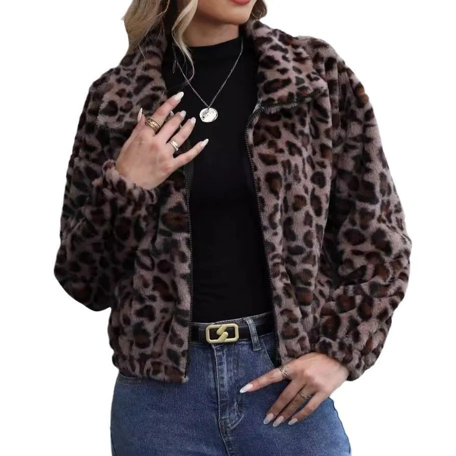 Women's loose-fit leopard print plush coat with long sleeves and a front zipper.