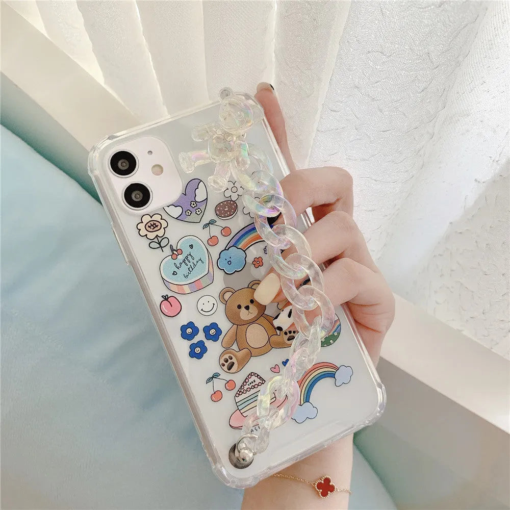 Bear chain iPhone case with pendant attachment point and Japanese Korean cartoon design on TPU material