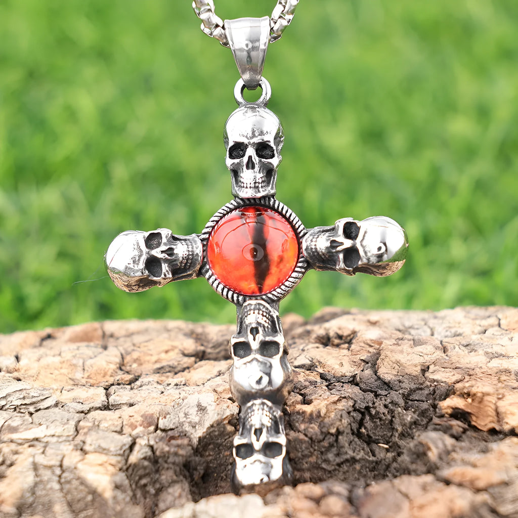 Stainless steel skull red eye cross polished pendant necklace with 60cm square pearl style chain