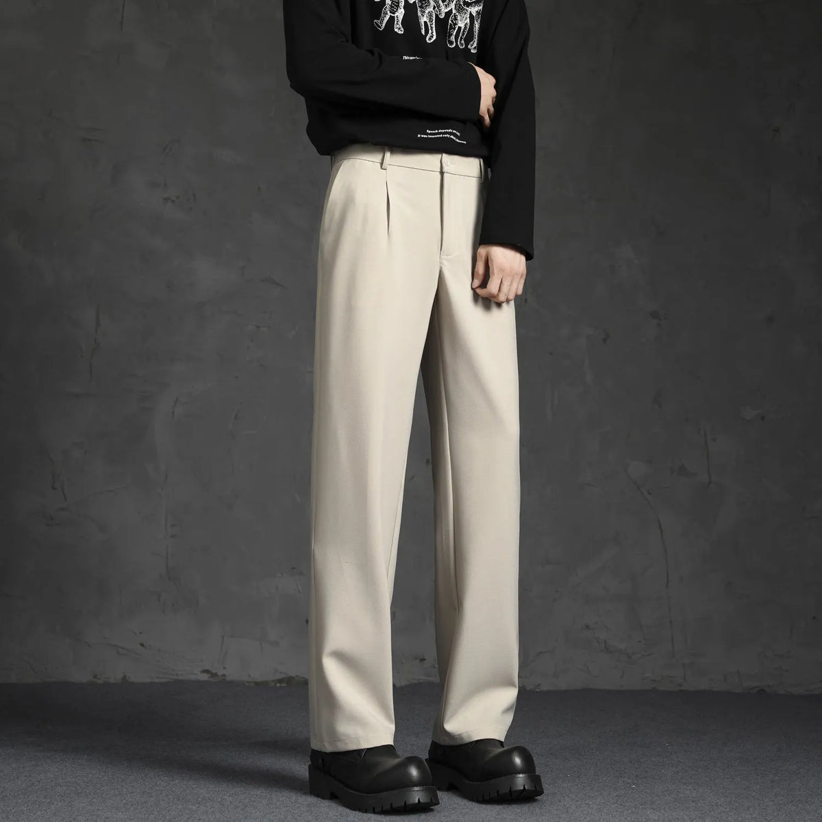 Black loose straight-leg casual suit trousers in polyester with mid waist and button fly, sizes S to 5XL