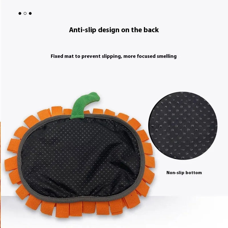 Orange pumpkin-shaped pet smell mat made of polar fleece for dog training and slow feeding.