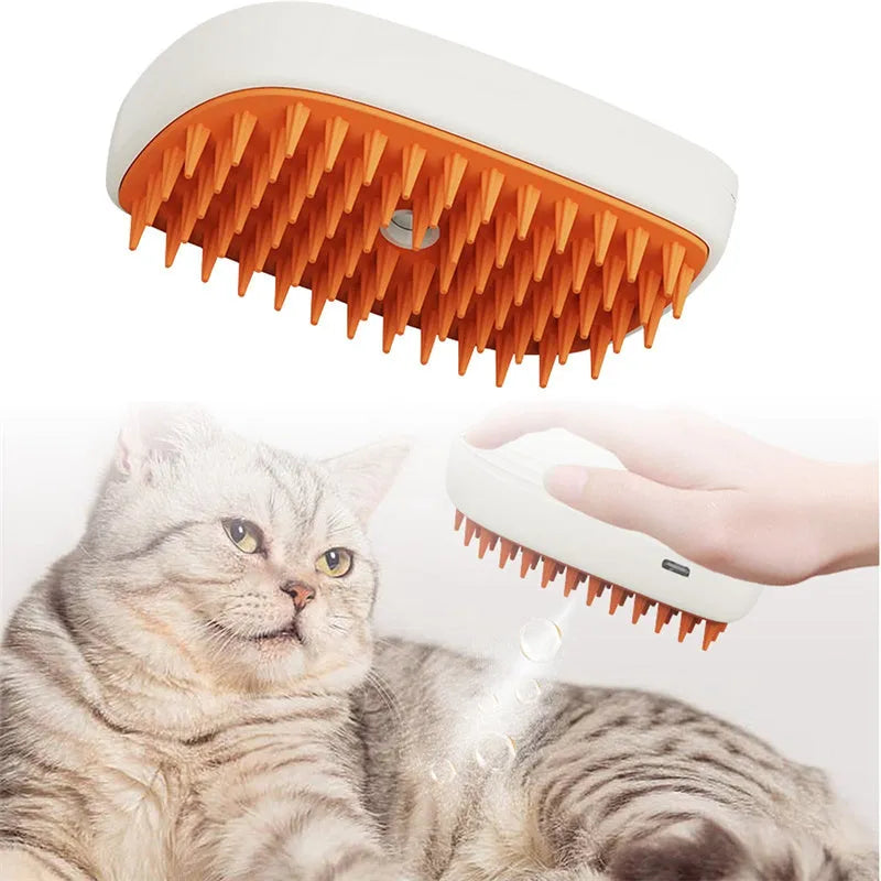 USB rechargeable pet steam brush in white and orange, ABS/TPR, 11.8 x 6.8 x 5.5 cm