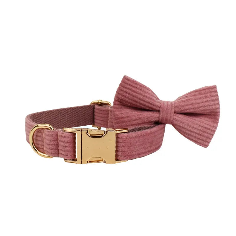 Corduroy dog collar and leash set with matching vest, bow, and poop bag holder in multiple sizes