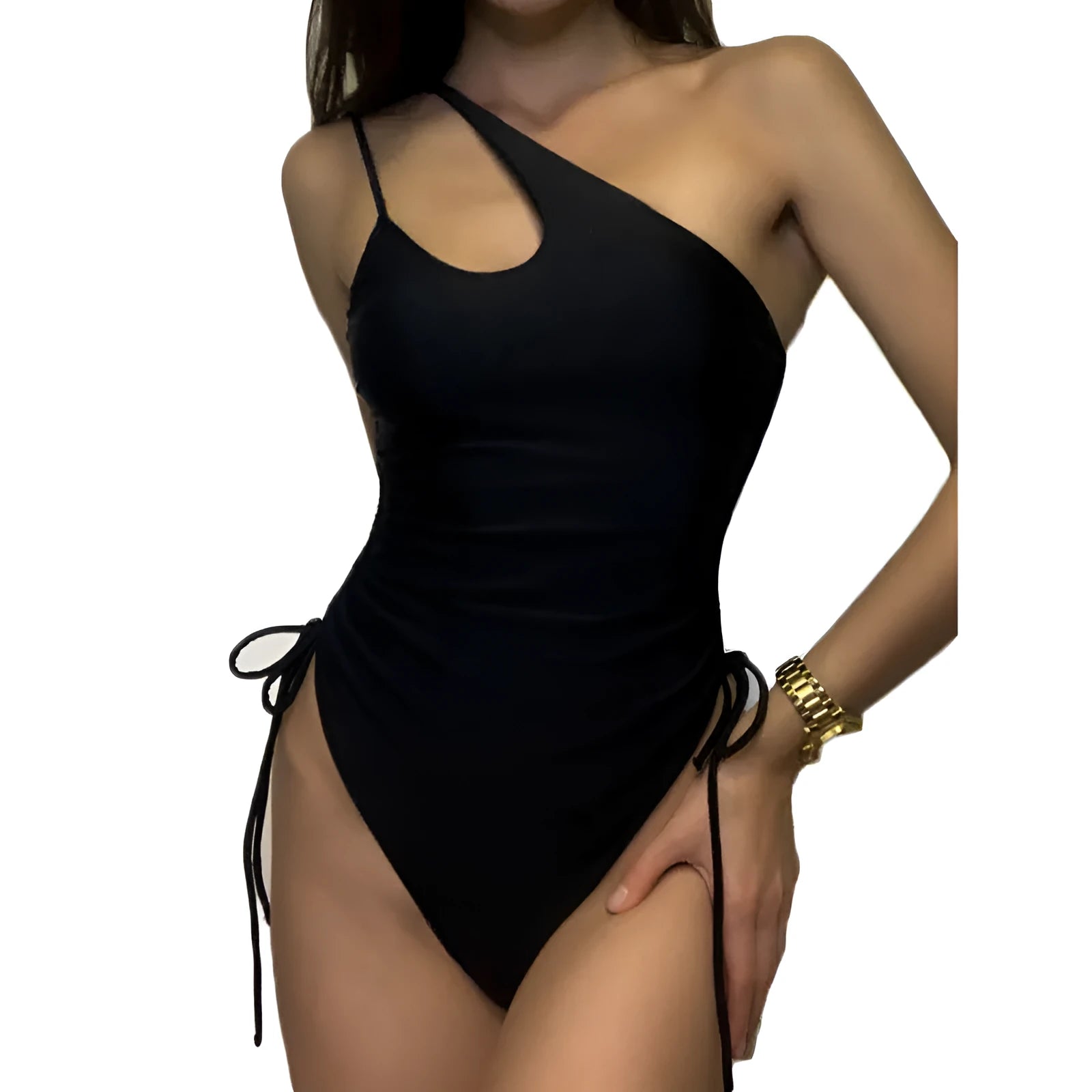 Black women's dress with sloping shoulder lacing detailing, sleeveless tight fit design