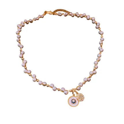 Gold electroplated zircon pearl round pendant necklace with adjustable clavicle chain