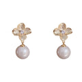 Women's gold plated copper floral drop earrings with faux pearl and metal petals simple style