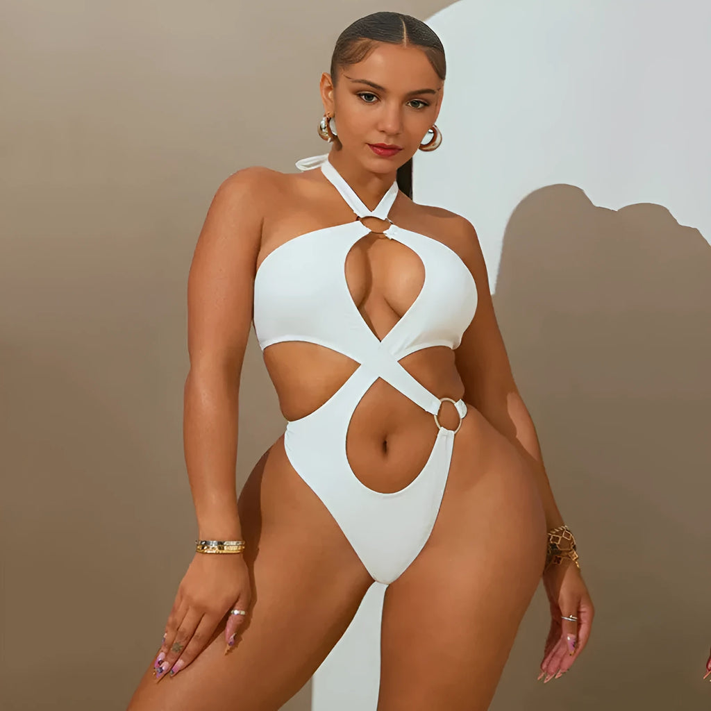 Women's sleeveless backless jumpsuit with lace-up cutout and tapered shorts in micro-elastic polyester fabric