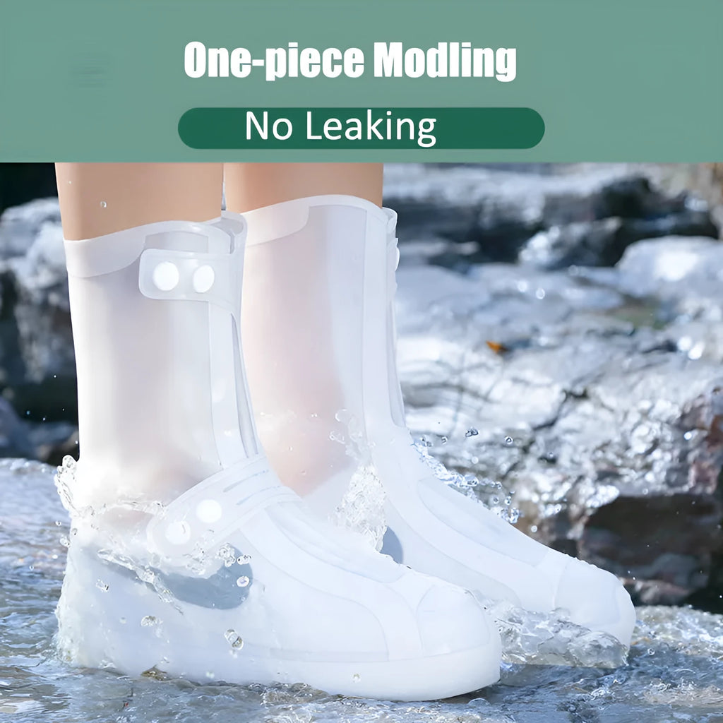White high top PVC reusable water resistant shoe covers for women with anti-skid soles.