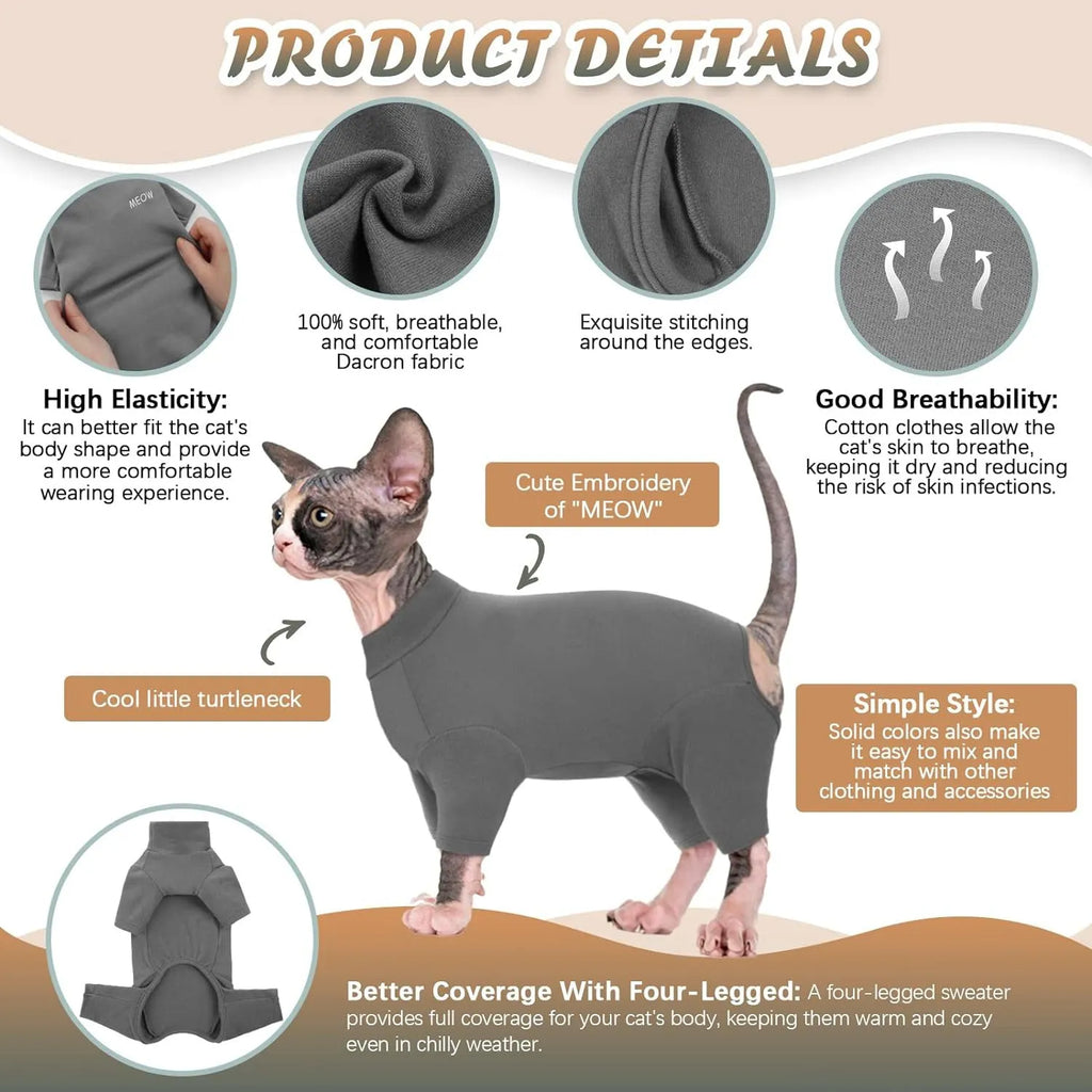 Hairless cat wearing soft winter sweater with leg openings and semi-turtleneck design
