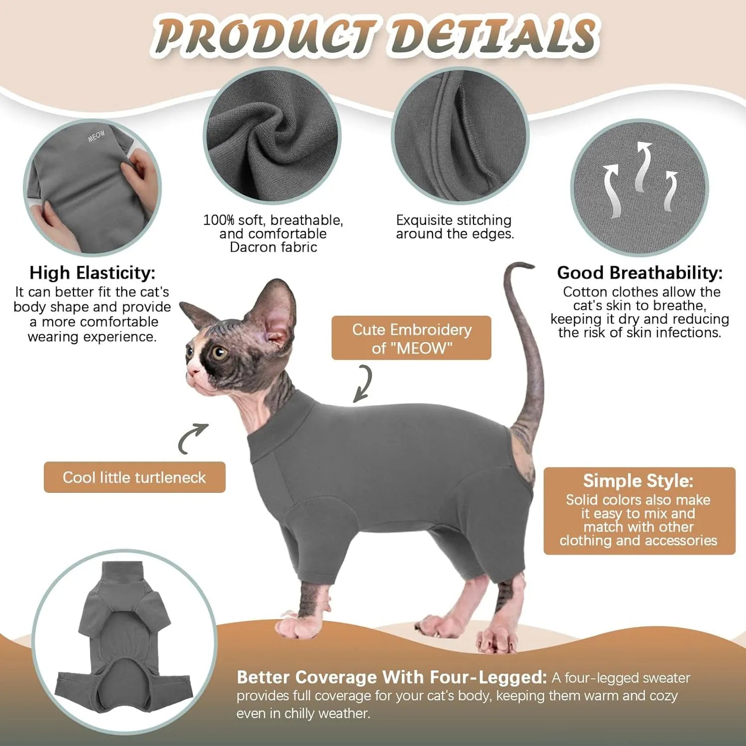 Hairless cat wearing soft winter sweater with leg openings and semi-turtleneck design