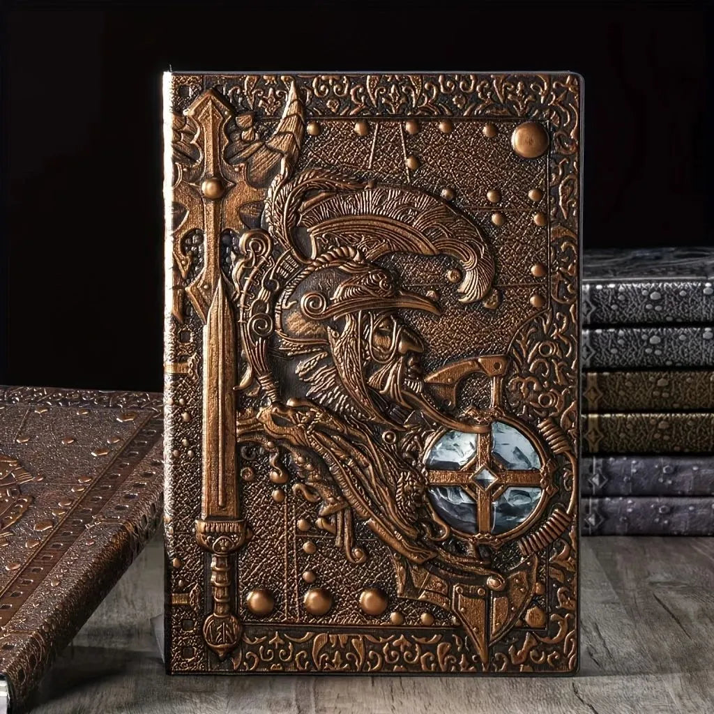 A5 leather notebook with 3D embossed warriors relief design on the cover, shown in bronze colour.