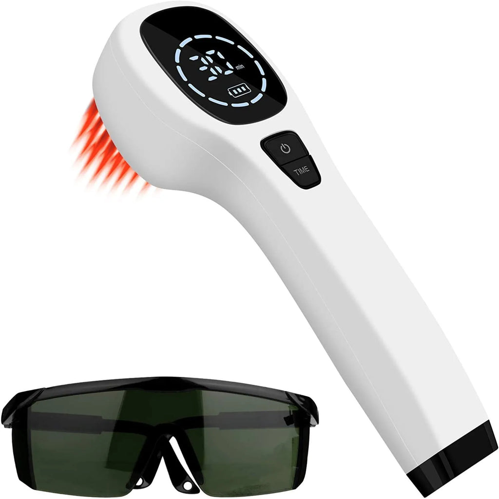 Hand-held red light therapy device in black and white with LED panel, carrying case, and safety glasses