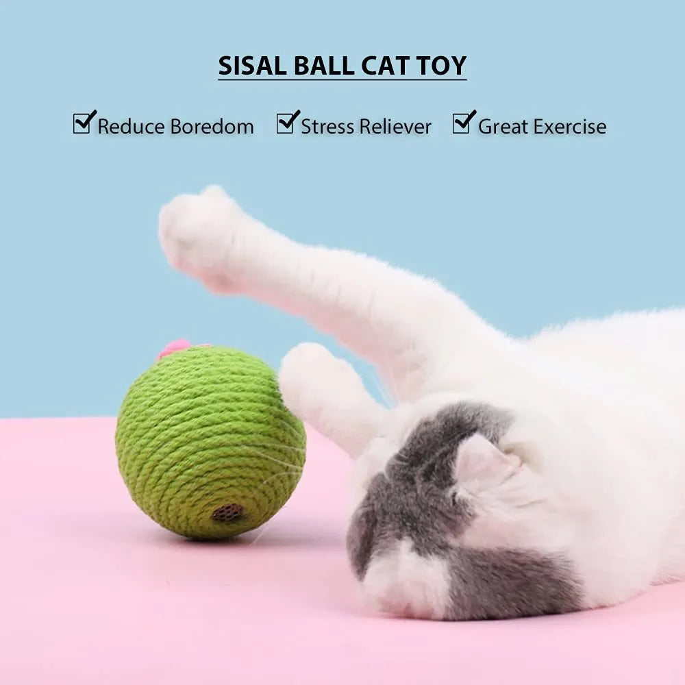 Green cactus-shaped cat scratcher tower with integrated tumbler ball and natural sisal scratching surfaces