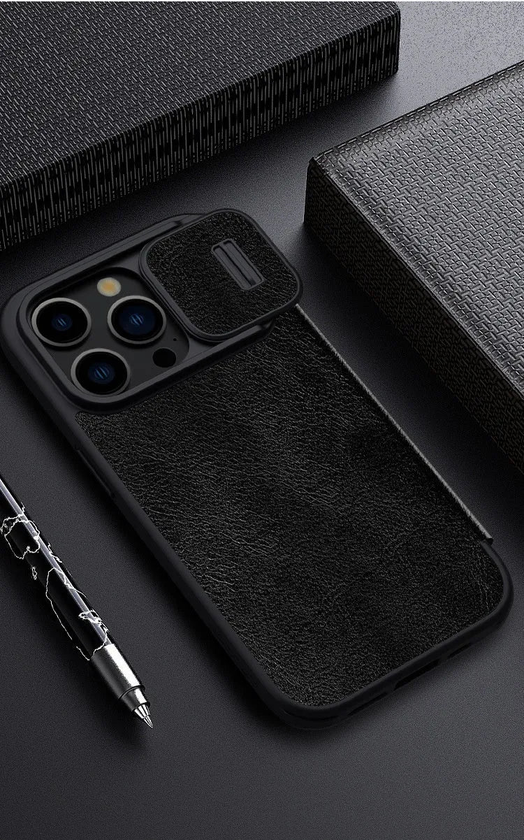iPhone 15 imitation leather flip case shown in black, brown, and red colour options.