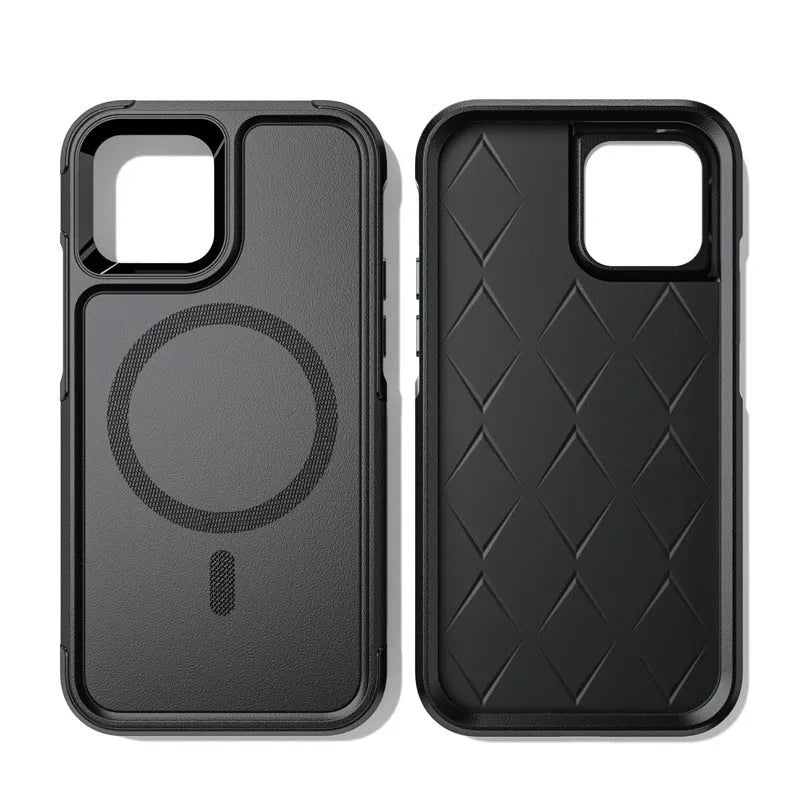 Black shatterproof magnetic iPhone case for iPhone 12 and iPhone 13 models with PC+TPU construction
