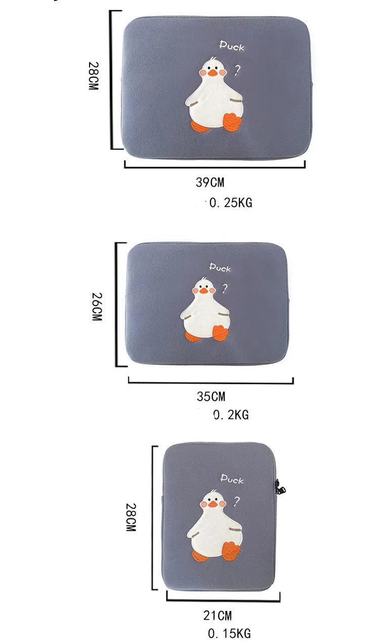 Blue cotton tablet case with embroidered cartoon duck design and a zipper closure, shown next to a green version.