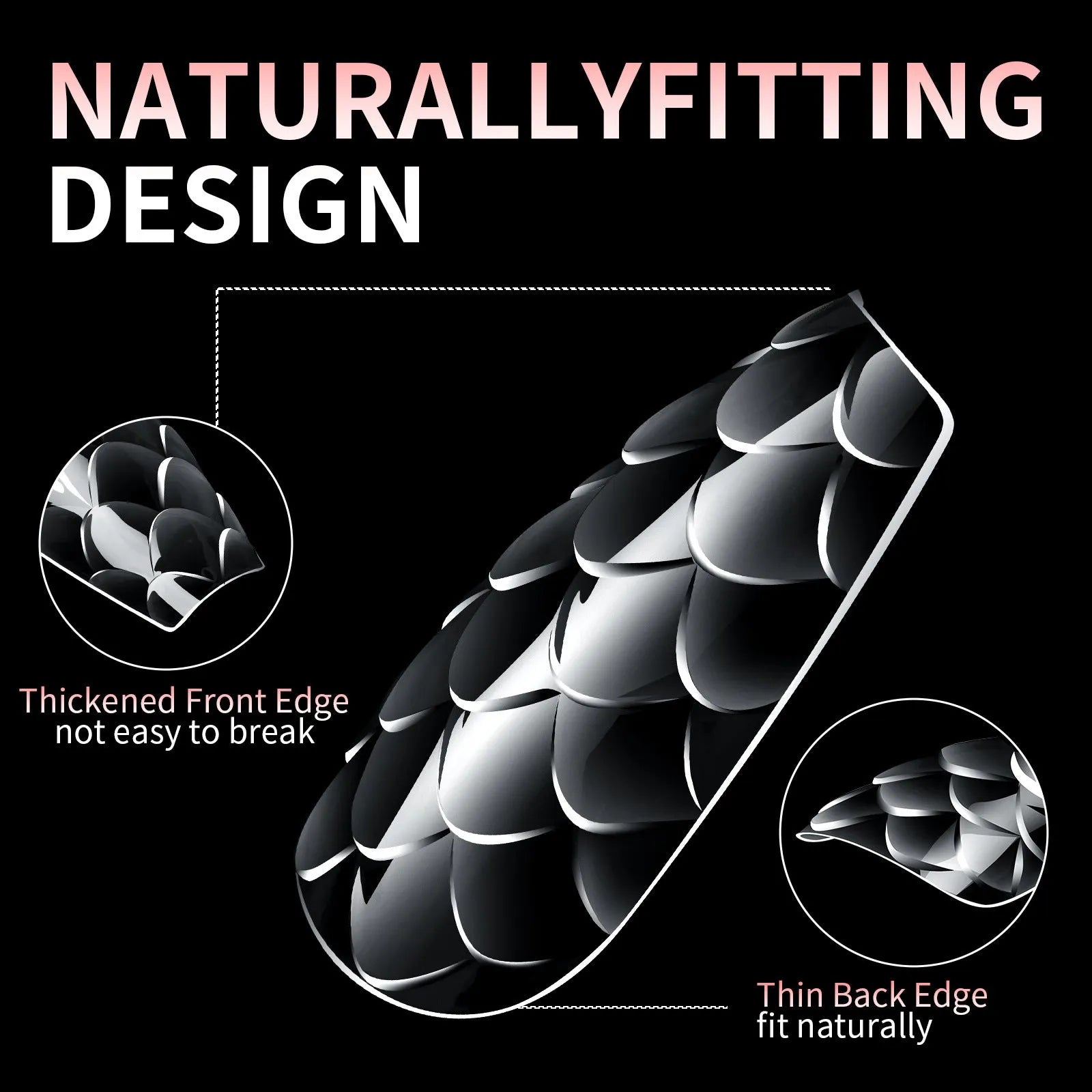 Box of 3D scale long shaping full cover nail tips showing colour-coded size options.