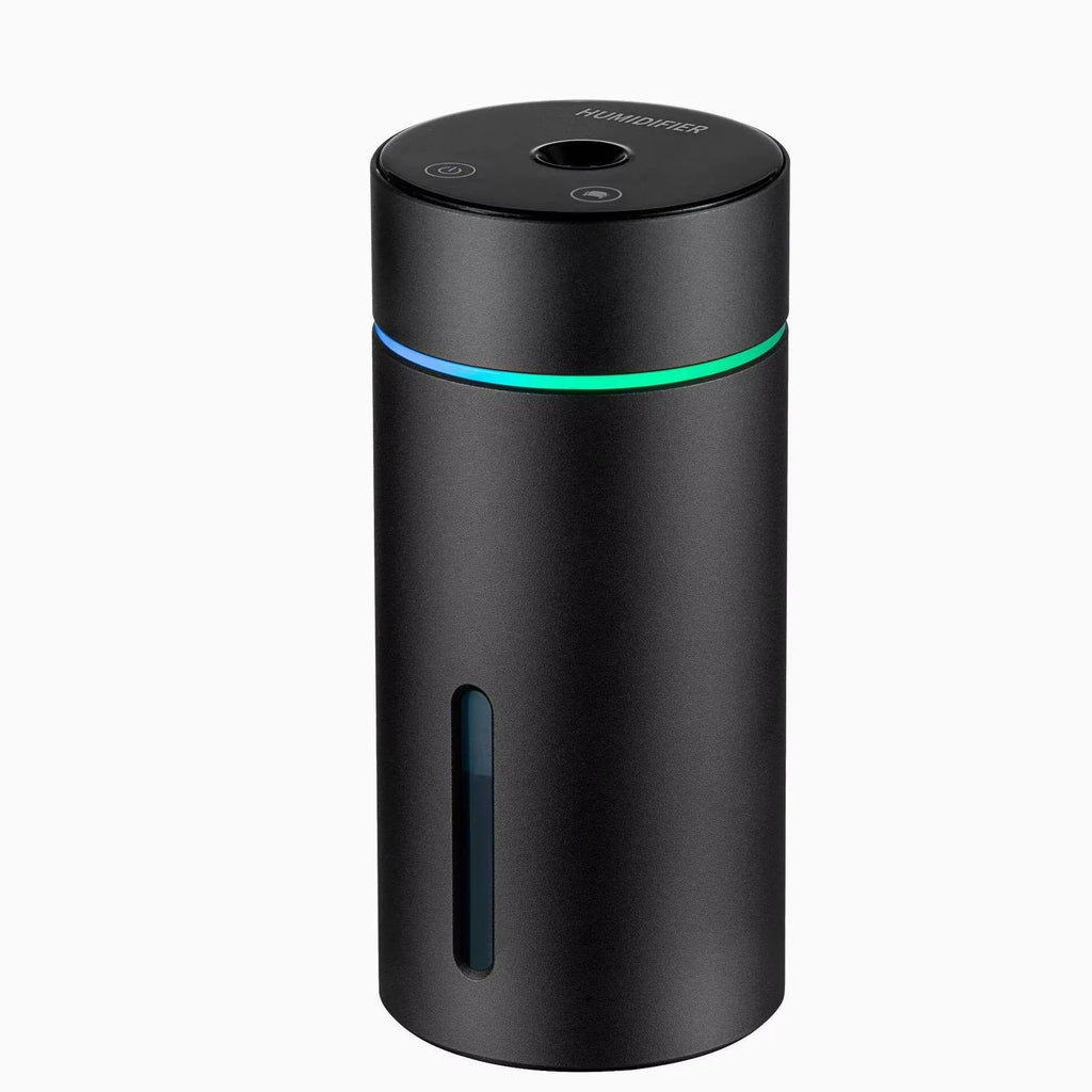 Black aluminium car humidifier with 260ml water tank and USB cable for vehicle or office use