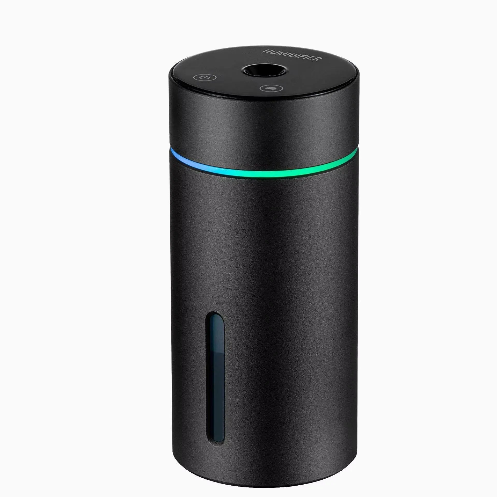 Black aluminium car humidifier with 260ml water tank and USB cable for vehicle or office use