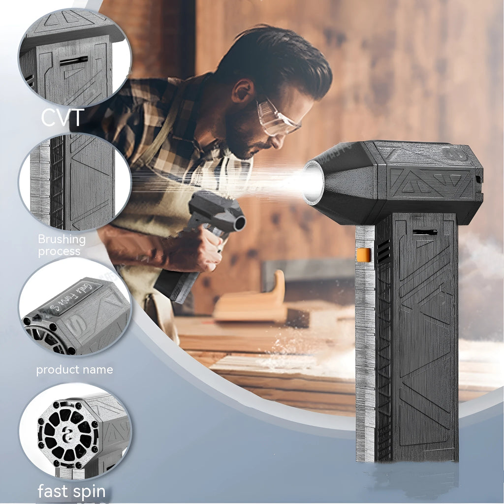 Iron grey cordless turbo fan air duster handheld unit with USB-C charging port.