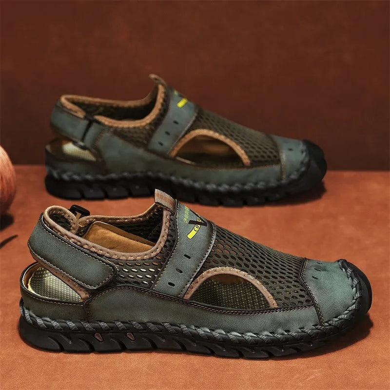 Men's brown breathable mesh low-top casual pumps with a round toe and elastic band