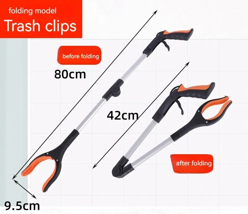 Foldable aluminium garbage clamp with extended 80cm arm and magnet attachment in blue handle colour