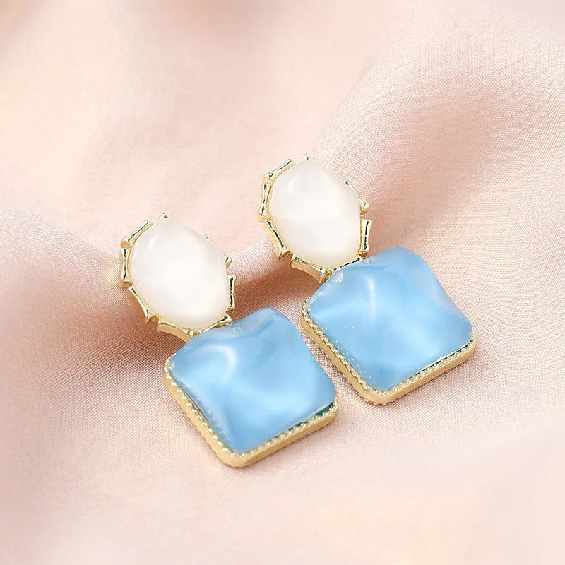 Geometric square earrings with water ripple contrast colour design in electroplated alloy, Korean style, for women