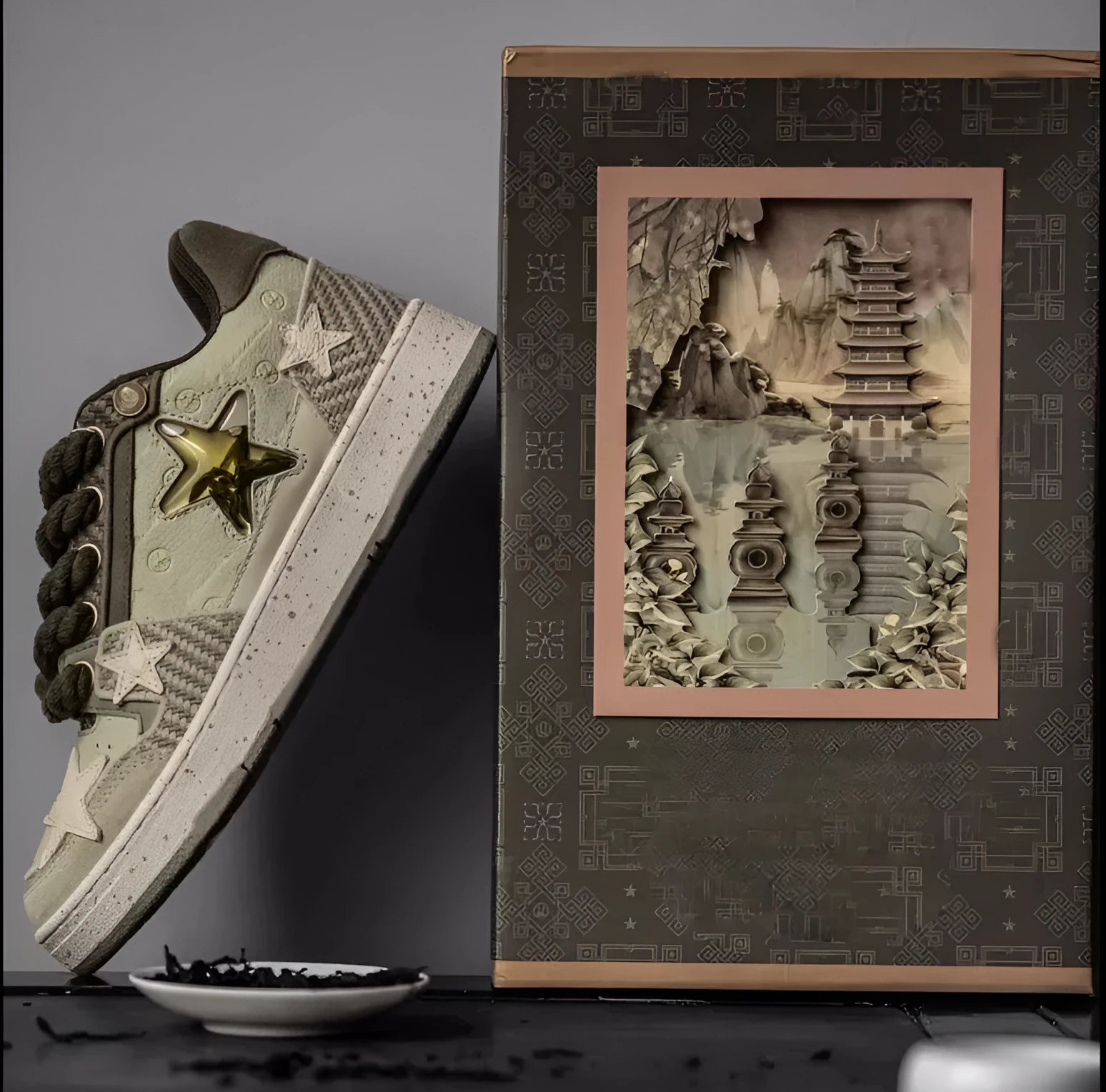 Green low-top casual shoes with star pattern, round toe, and thick rubber sole.