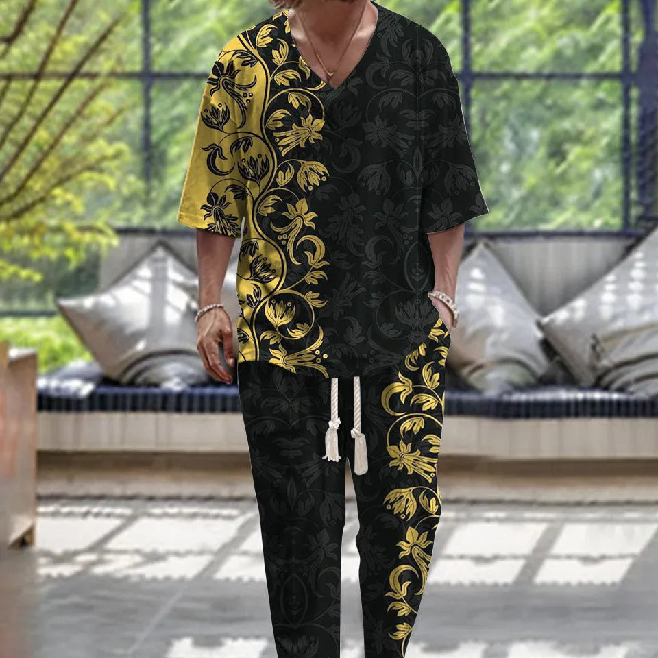 V-neck cropped sleeve trousers suit set in thin polyester fabric, shown in colour G98P018.