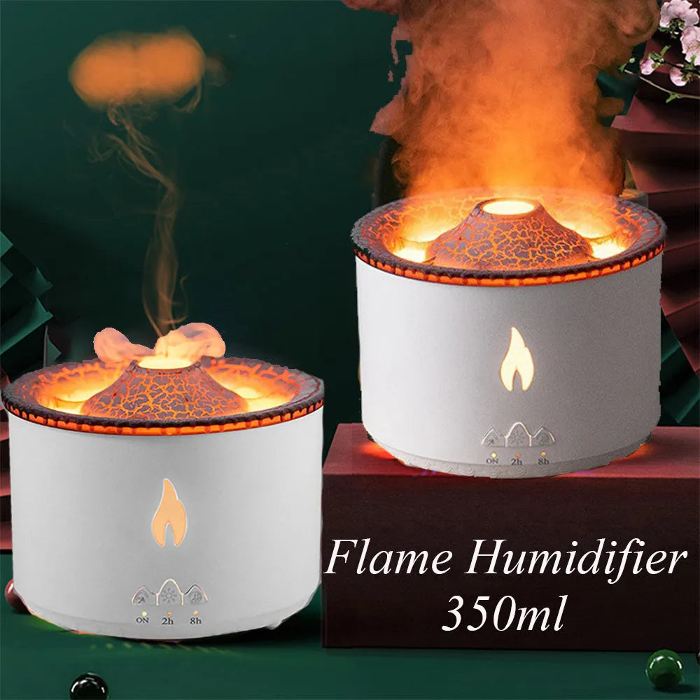 Black columnar ultrasonic essential oil humidifier diffuser with flame and jellyfish effects, 350ml, three fog outlets, 36dB quiet