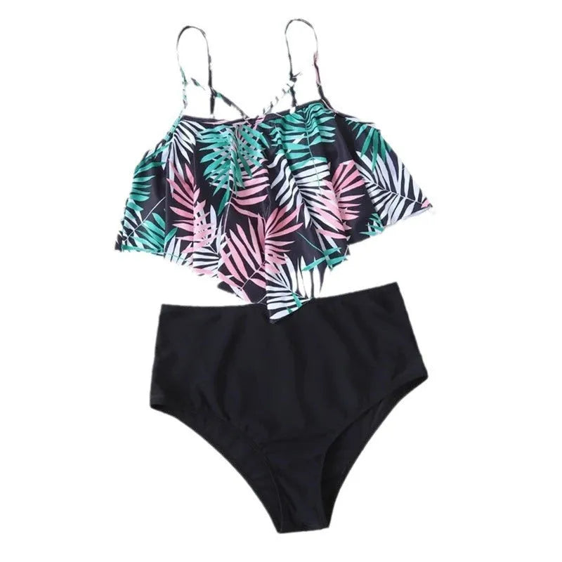 Women's high-waist floral print bikini set with flounced detail in blue and white pattern