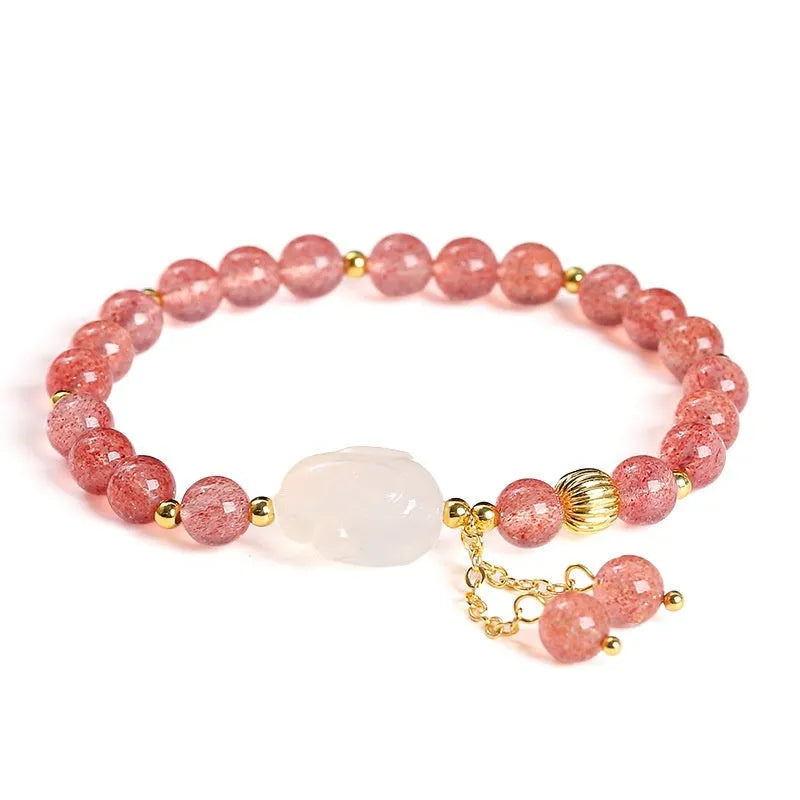 Strawberry quartz agate white rabbit bracelet with 6mm beads, geometric round design.