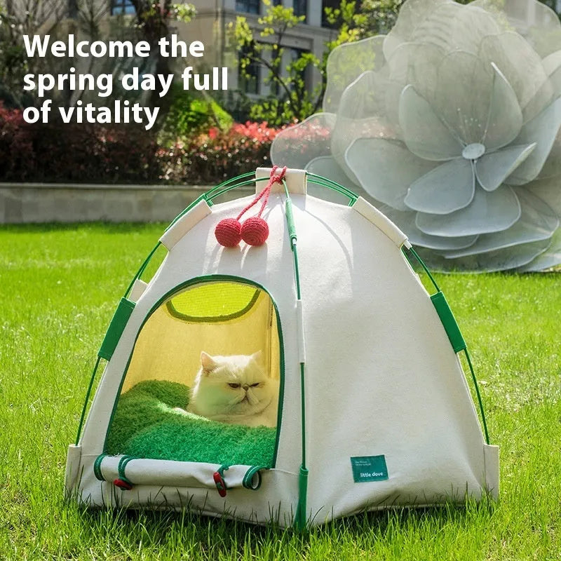 Dome-shaped cloth cat nest tent with a thick pad inside, packaged as a gift.