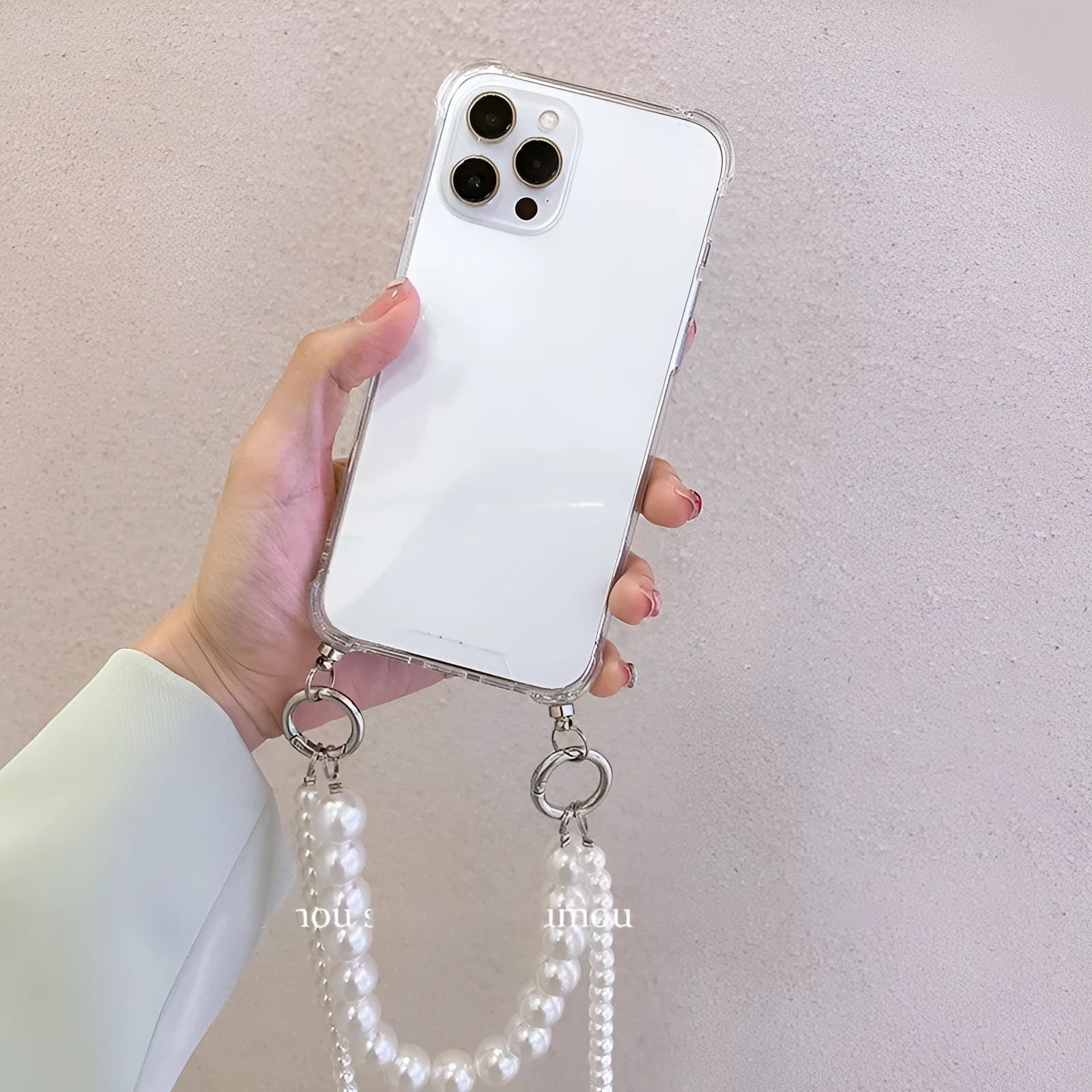 Big pearl design soft iPhone case with decorative chain in photo colour