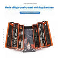 85-piece auto repair kit in large three-layer toolbox with connecting rod on workbench