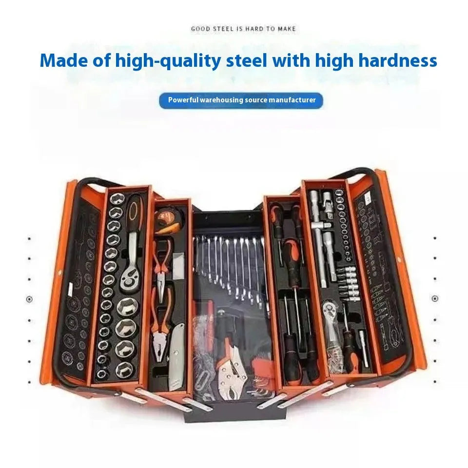 85-piece auto repair kit in large three-layer toolbox with connecting rod on workbench