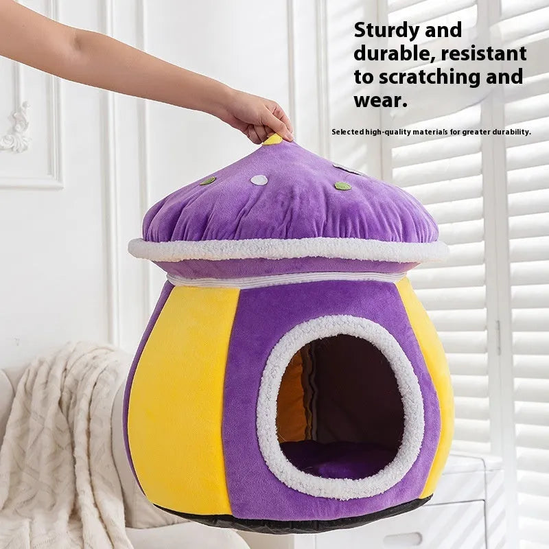 Grey plush mushroom-shaped cat bed with a high, padded rim and a cat curled up inside.