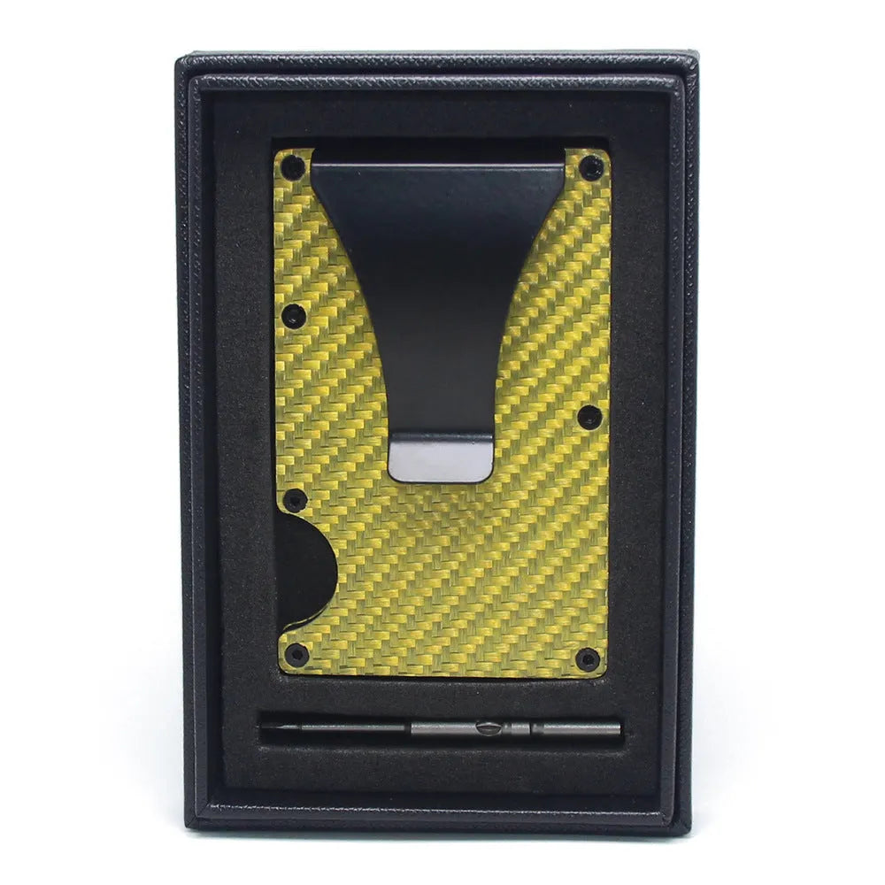 CH6600 geometric card wallet in black carbon fibre, showing slim 8mm profile and card capacity.