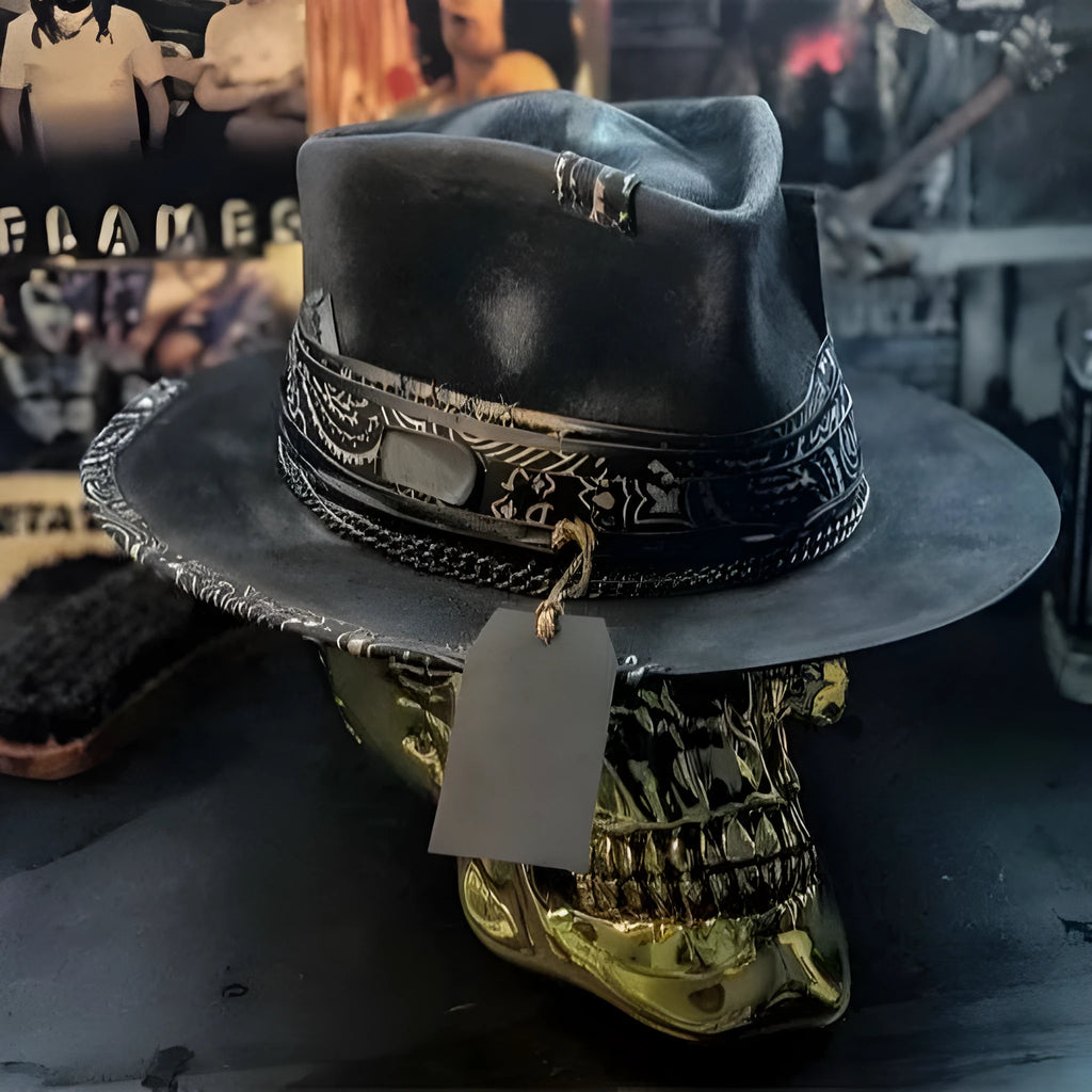 Handmade black wool felt skull hat with a tall pointed conical crown for Halloween costumes.