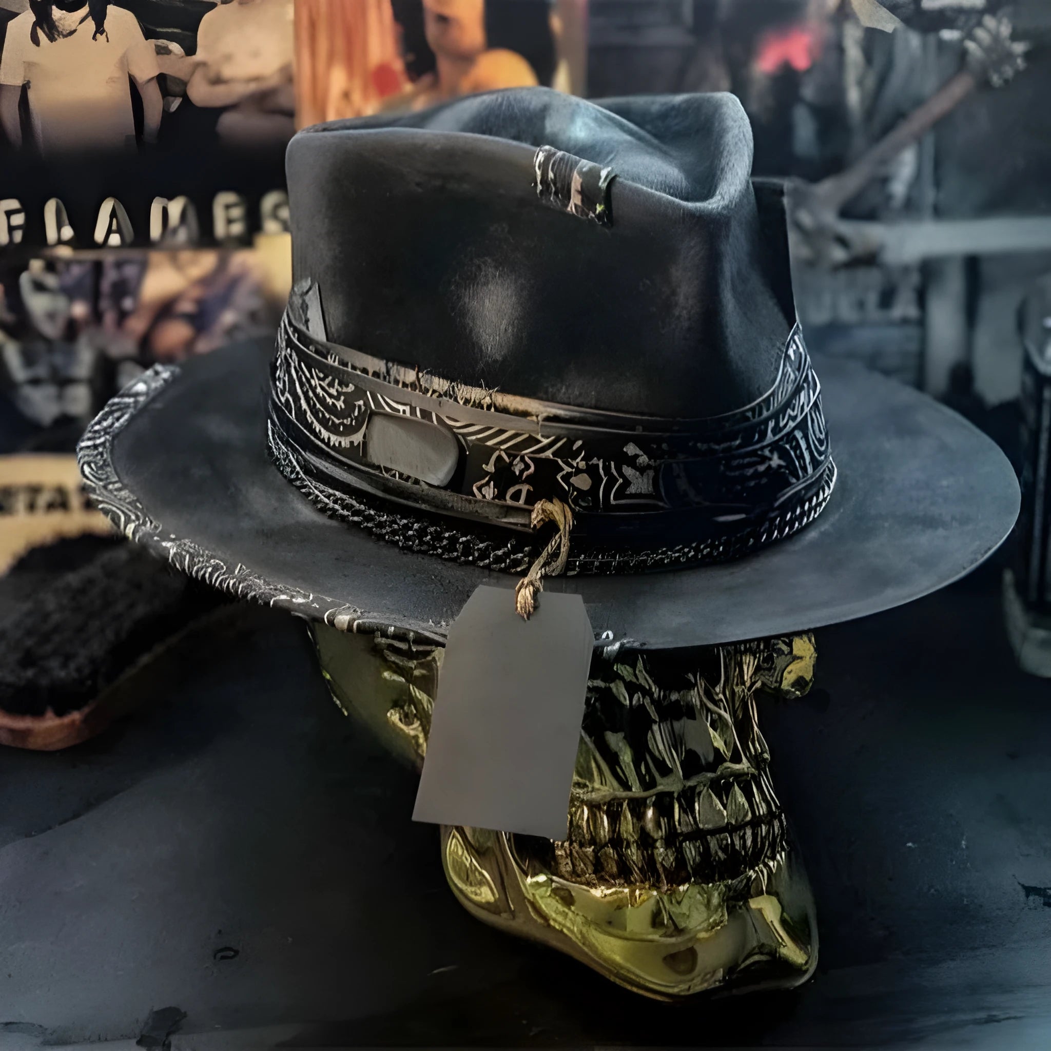 Handmade black wool felt skull hat with a tall pointed conical crown for Halloween costumes.