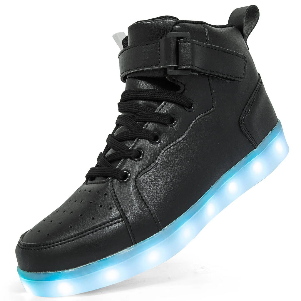 Unisex black high-top LED light-up shoes with velcro straps and glowing soles.