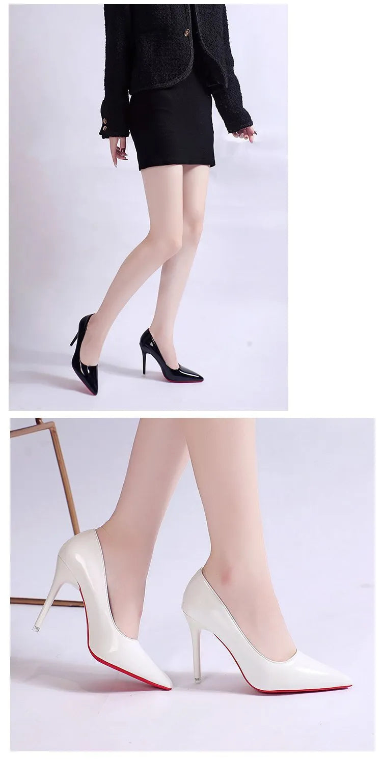 Women's black stiletto heel pump with pointed toe and shallow mouth on a rubber sole.