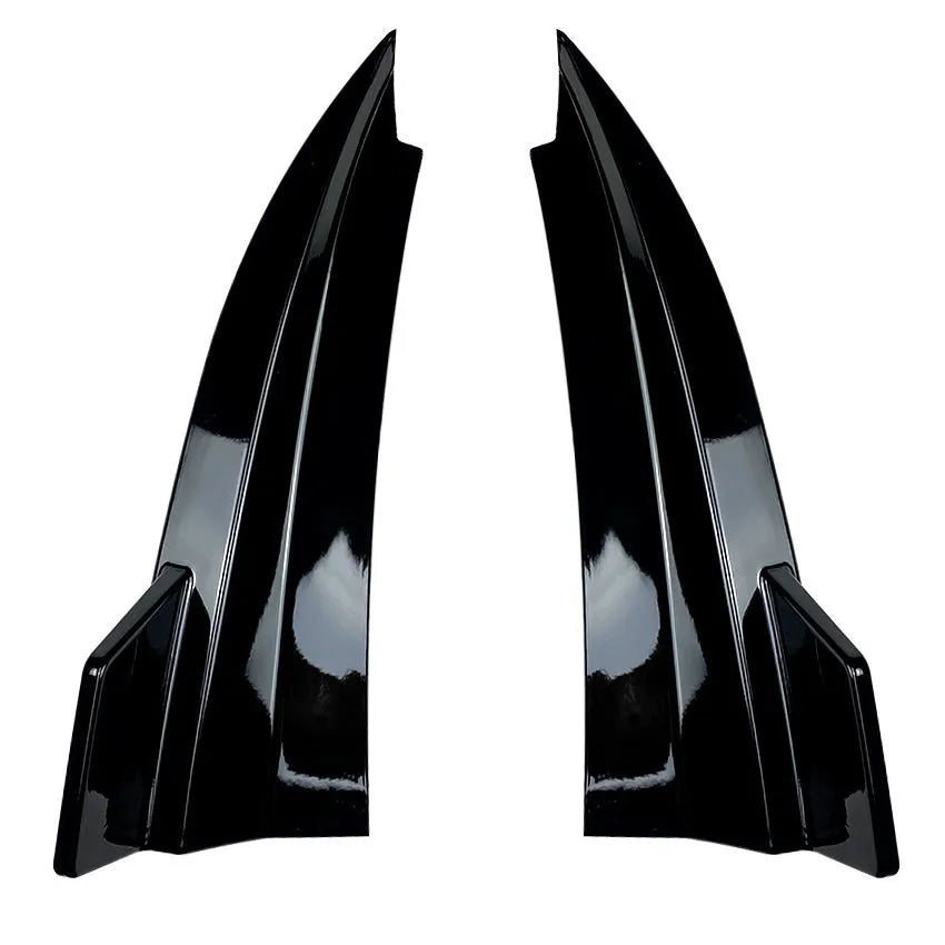 PP plastic car rear corner protectors in piano black and carbon fibre pattern finishes shown as a left and right set